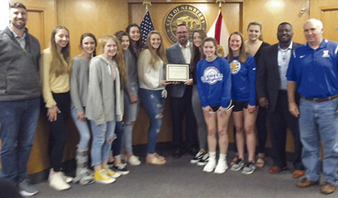 Newberry High School Varsity Volleyball Team players and Coach Sherrod Moseley accepted a presentation from Mayor Jordan Marlowe recognizing the team’s outstanding 2019 season,