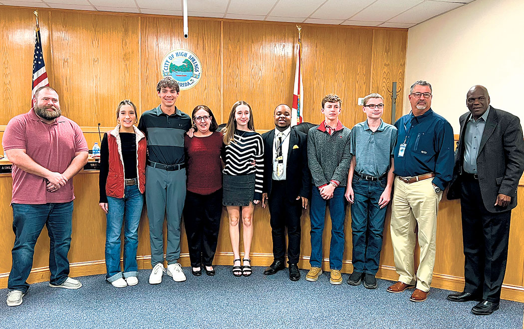 Photo Special to Aalachua County Today/ Newly appointed members of the High Springs Mayor’s Youth Council are pictured along with High Springs City Commissioners. L-R: High Springs Vice-Mayor Tristan Grunder, Youth Council members Leila Ceilley and Camden Treese, High Springs Mayor Katherine Weitz, Youth Council member Anna Weitz, City Commissioner Andrew Miller, Youth Council members Samuel Nichol and Aiden Bloodsworth and City Commissioners Steven Tapanes and Byran Williams. Not pictured is Youth Council member Elijah Kellum.
