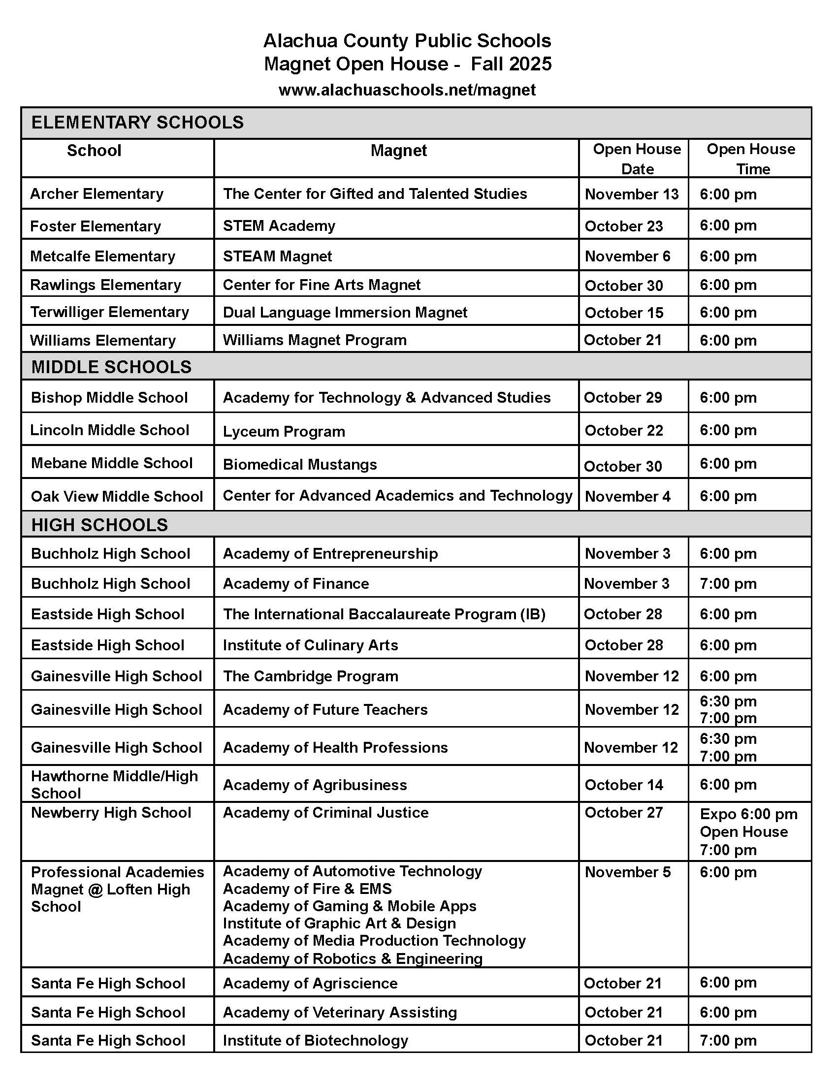 Alachua School District Magnet Open House Schedule