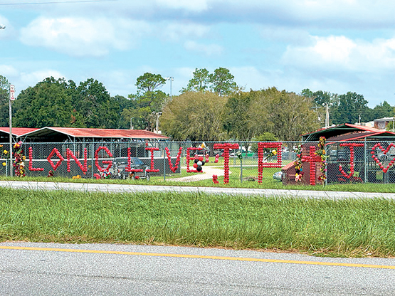 Colorful flowers and balloons in Santa Fe High’s colors of red, black and gray decorate the chain-link fence outside the school’s athletic fields on Sept. 7, 2025. Students and friends also used red cups to spell out the letters “Long Live JPJ” in tribute to senior Jonathan “JP” Prior, 17, who was killed in a motorcycle crash in Union County. / Alachua County Today Staff Photographer